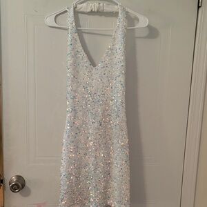 Iridescent Sequin Halter Top Homecoming Dress